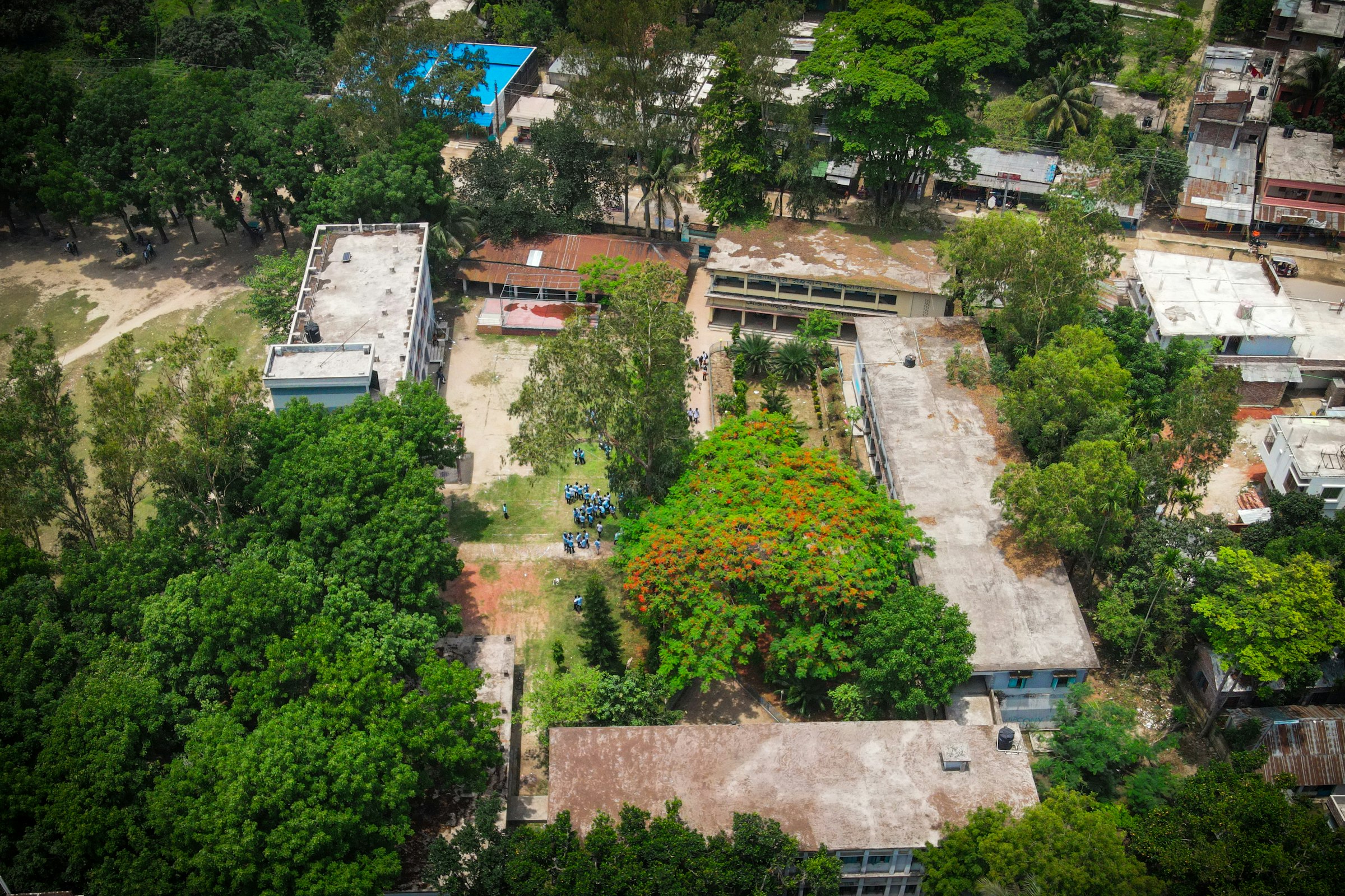 Aerial drone view of Sujapur Govt Model High School campus, Bangladesh