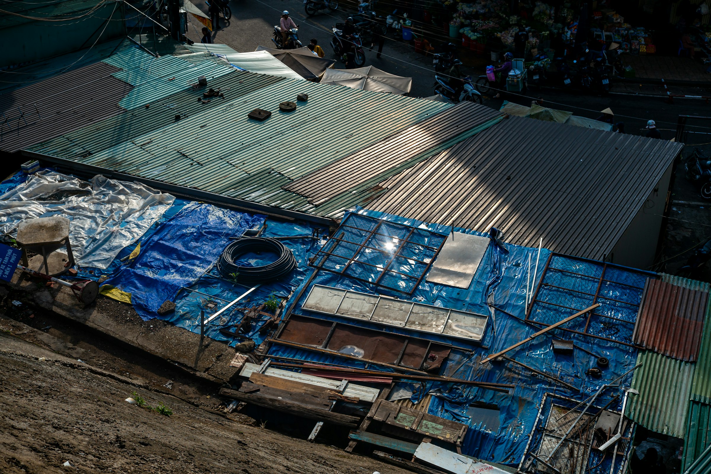 Elevated view of a densely clustered informal settlement